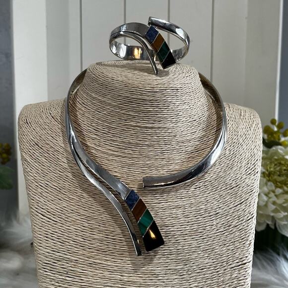 NEW TAXCO Mexico Vintage 925 Sterling Multi Stone Inlay Collar Necklace Bracelet - Picture 6 of 14